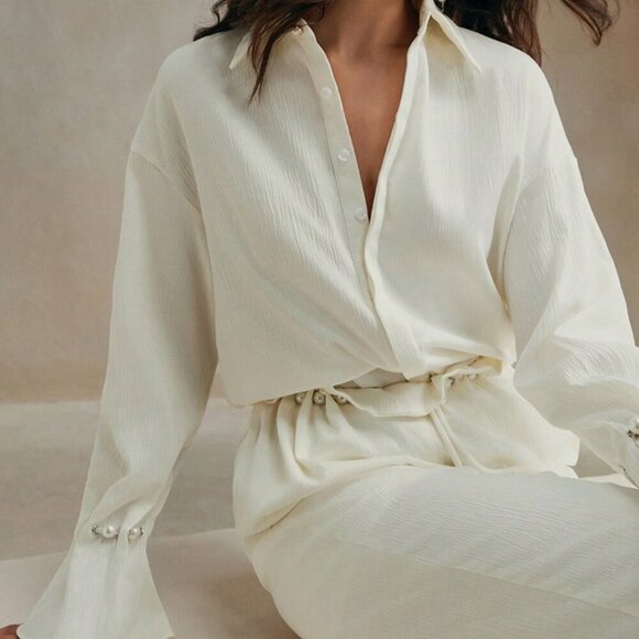 Elegant Pearl Decor Ruffle Sleeve Beige Blouse - Beige - Picture 6 of 7